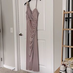 Champagne iridescent formal with high side slit with rhinestone embellishments